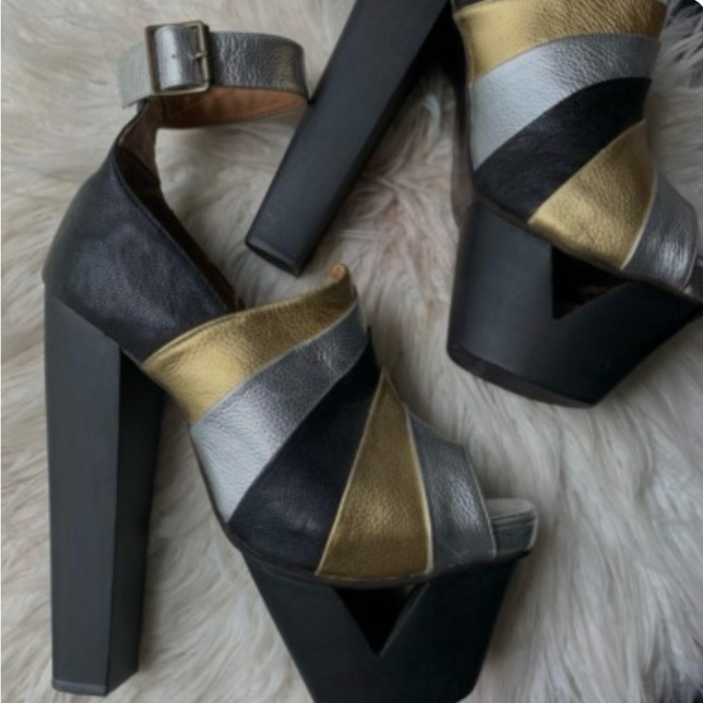 Jeffrey Campbell Black, Gold, Silver Platform Heels